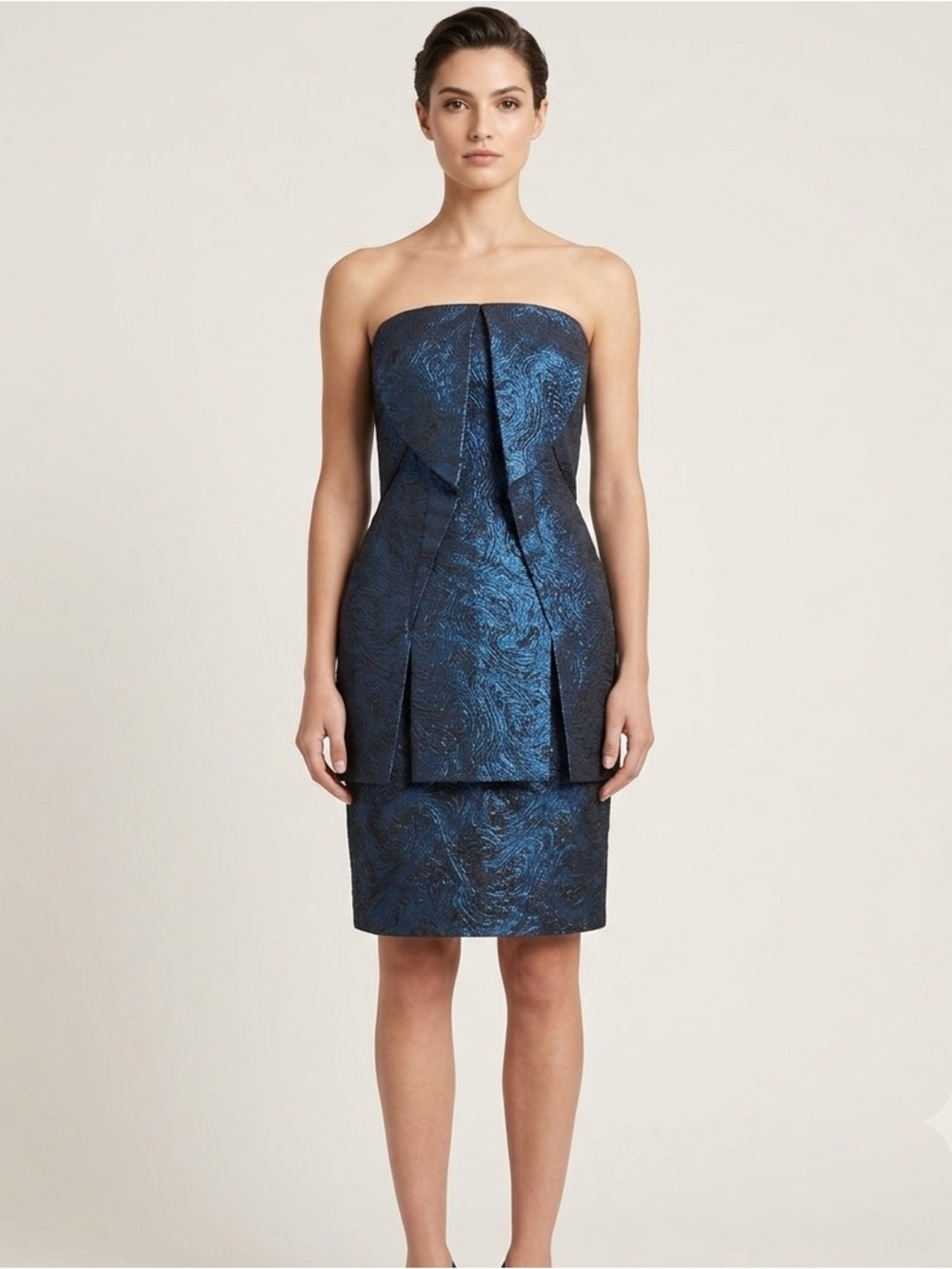 Brian Reyes Silk Blend Jacquard Strapless Cocktail Dress Navy Blue Italy 4 NWT